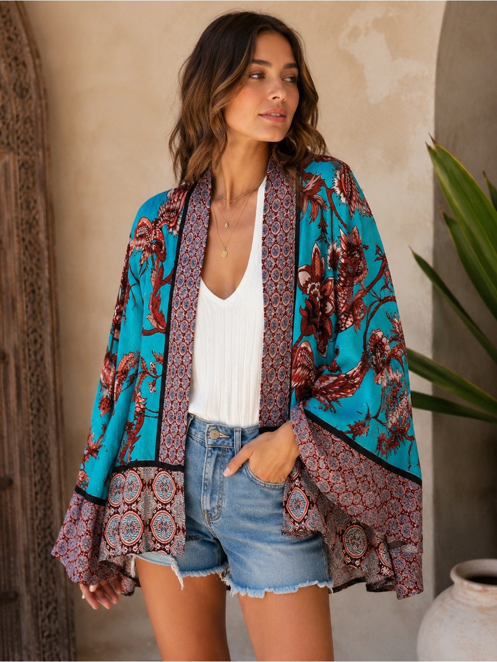 BL^NK London Kimono Jacket Boho Bird Print Open Front Turquoise NWOT